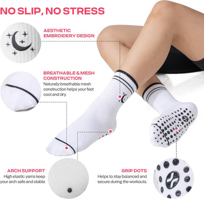 COOLMATE Pilates Socks with Grips for Women, Yoga Socks, Crew Non Slip Women for Barre, Pilates Gifts for Women - Colors A