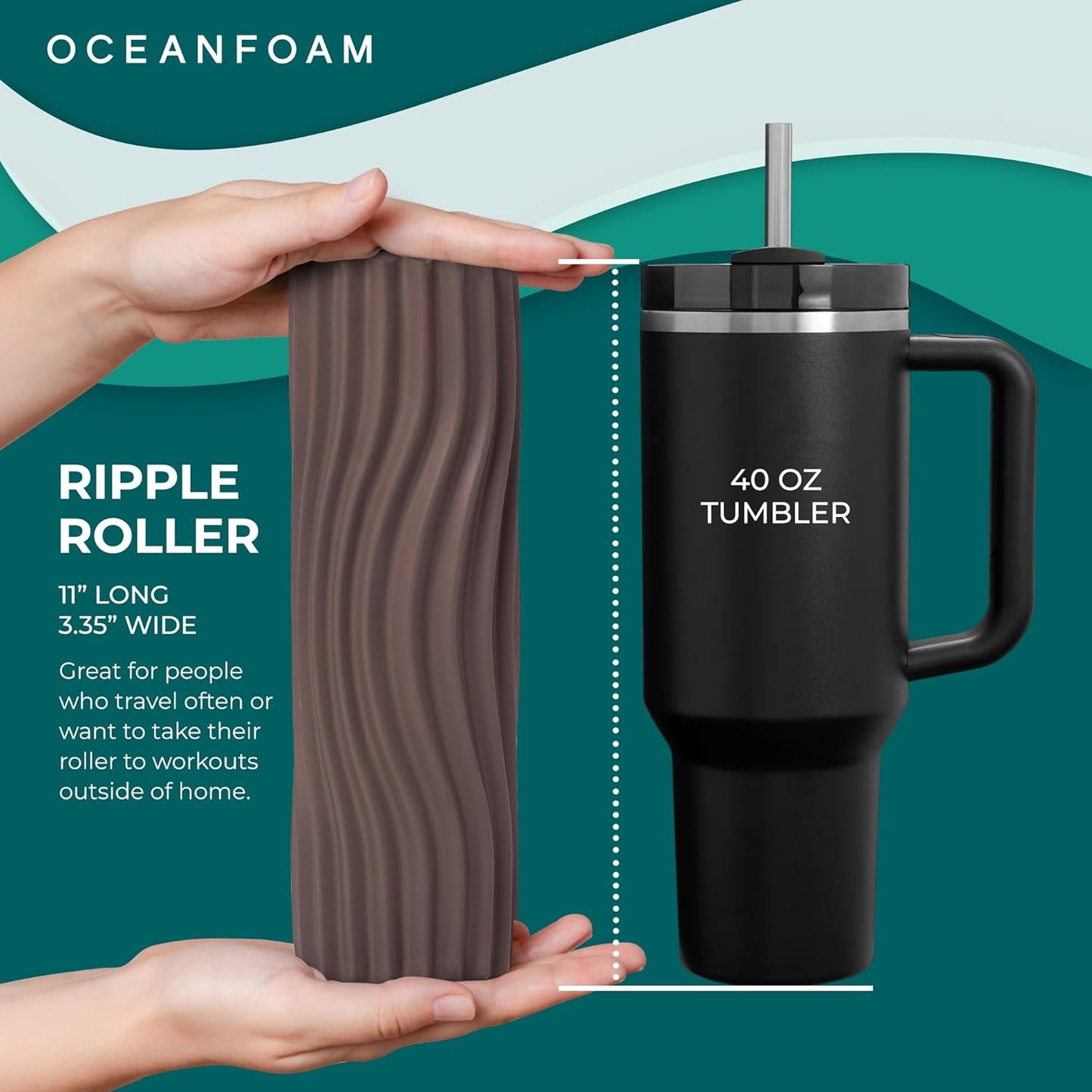 Oceanfoam Ripple Travel Foam Roller (11" x 3.35") Firm Mini Foam Roller for Physical Therapy, Deep Tissue Massage, Back Pain - High Density, Ergonomic Wave Textured - Yoga, Pilates, Exercise (Natural) - Colors A