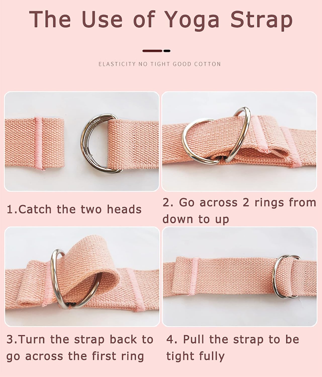 8ft Pink Thick Women Yoga Strap with Metal Loop with Bag Set, Nylon Cotton Durable Fitness Yoga Stretch Belt with Buckle As Physcial Therapy Bands Workout Adjustable D-Ring Buckle Gym Tools Rope Props
