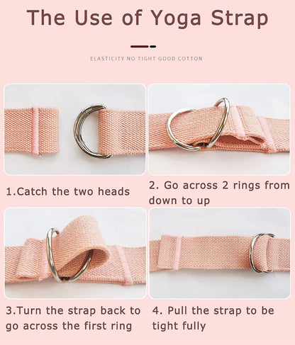 8ft Pink Thick Women Yoga Strap with Metal Loop with Bag Set, Nylon Cotton Durable Fitness Yoga Stretch Belt with Buckle As Physcial Therapy Bands Workout Adjustable D-Ring Buckle Gym Tools Rope Props