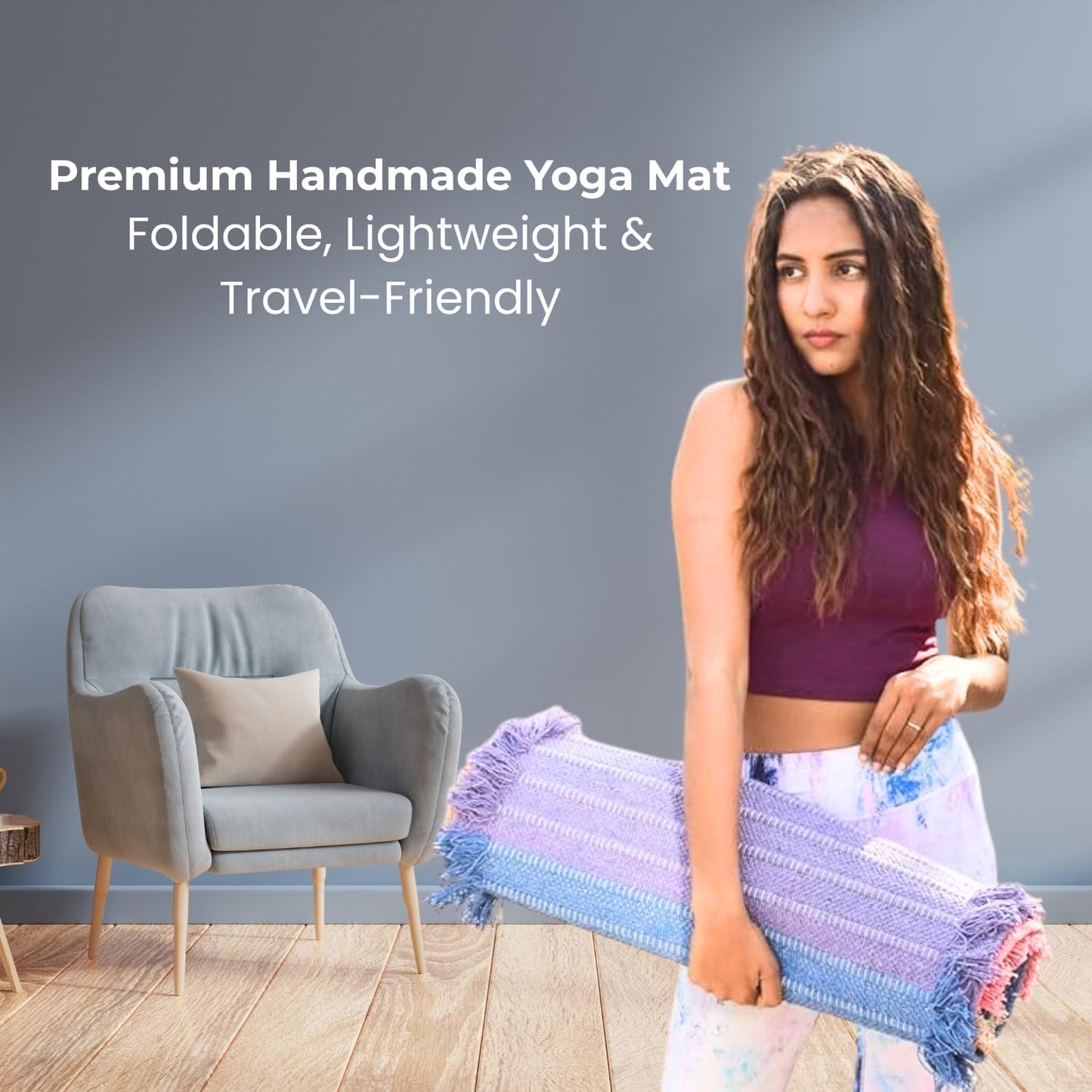 Indian Handmade100 % Organic Anti Skid Multi Colour Cotton Yoga Mat - Eco-Friendly Hand-Woven Rug - Non-Slip & Thick (24”x72”x5mm) for Hot yoga & Everyday Fitness at Home - Comfortable & Foldable Extra-Long Mat