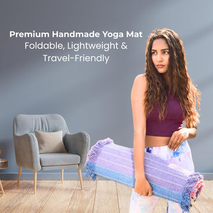 Indian Handmade100 % Organic Anti Skid Multi Colour Cotton Yoga Mat - Eco-Friendly Hand-Woven Rug - Non-Slip & Thick (24”x72”x5mm) for Hot yoga & Everyday Fitness at Home - Comfortable & Foldable Extra-Long Mat