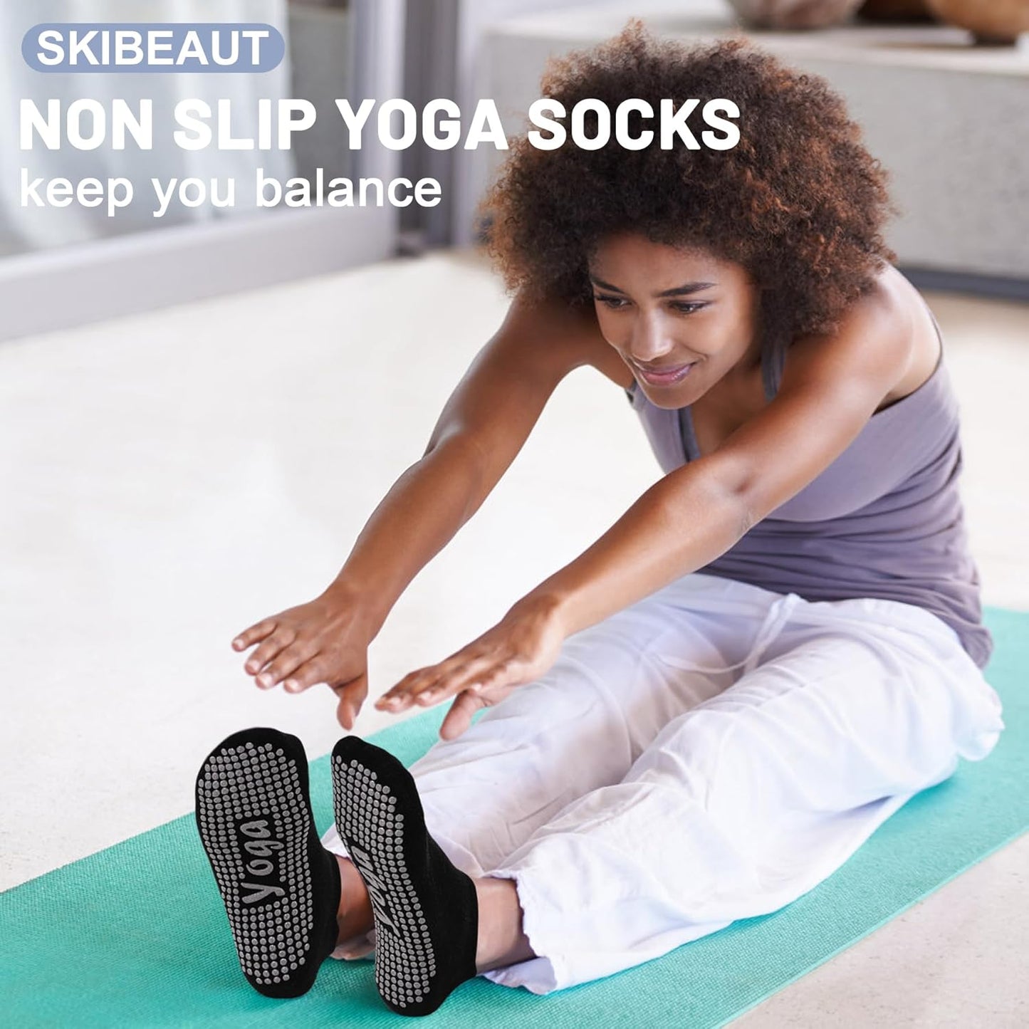 SkiBeaut Grips Non Slip Socks for Women, 4 Pairs Yoga Pilates Anti Skid Woman Hospital Gripper Socks (5-12)