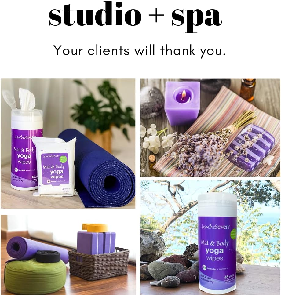Yoga Wipes for Body and Mat - Natural Lavender and Tea Tree - 45 Wipes in Resealable Canister - by Jasmine Seven