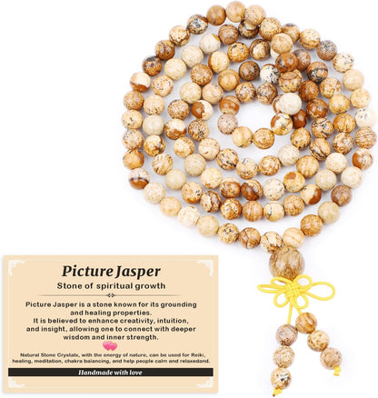AD Beads 6mm 8mm 108 Prayer Mala Jasper Elastic Bracelet - Handmade Yoga Meditation Healing Power Energy Gifts for Unisex Adult.