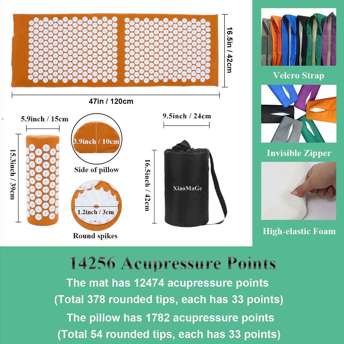 XiaoMaGe Acupressure Mat and Pillow Set with Bag - Large Size 28.7 X 16.5 inch Acupuncture Mat for Neck & Back Pain, Muscle Relaxation Stress Relief, Sciatica Pain Relief Pillow (Black)