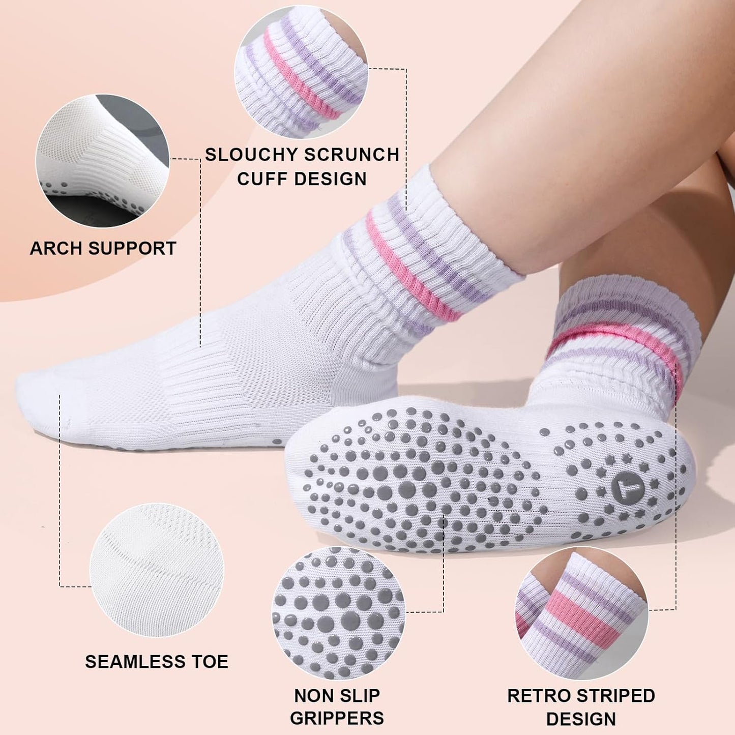 Toes Home Pilates Socks for Women with Non Slip Grippers, Yoga Crew Socks for Barre Hospital Sticky Slipper Socks 4 Pairs