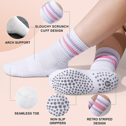 Toes Home Pilates Socks for Women with Non Slip Grippers, Yoga Crew Socks for Barre Hospital Sticky Slipper Socks 4 Pairs