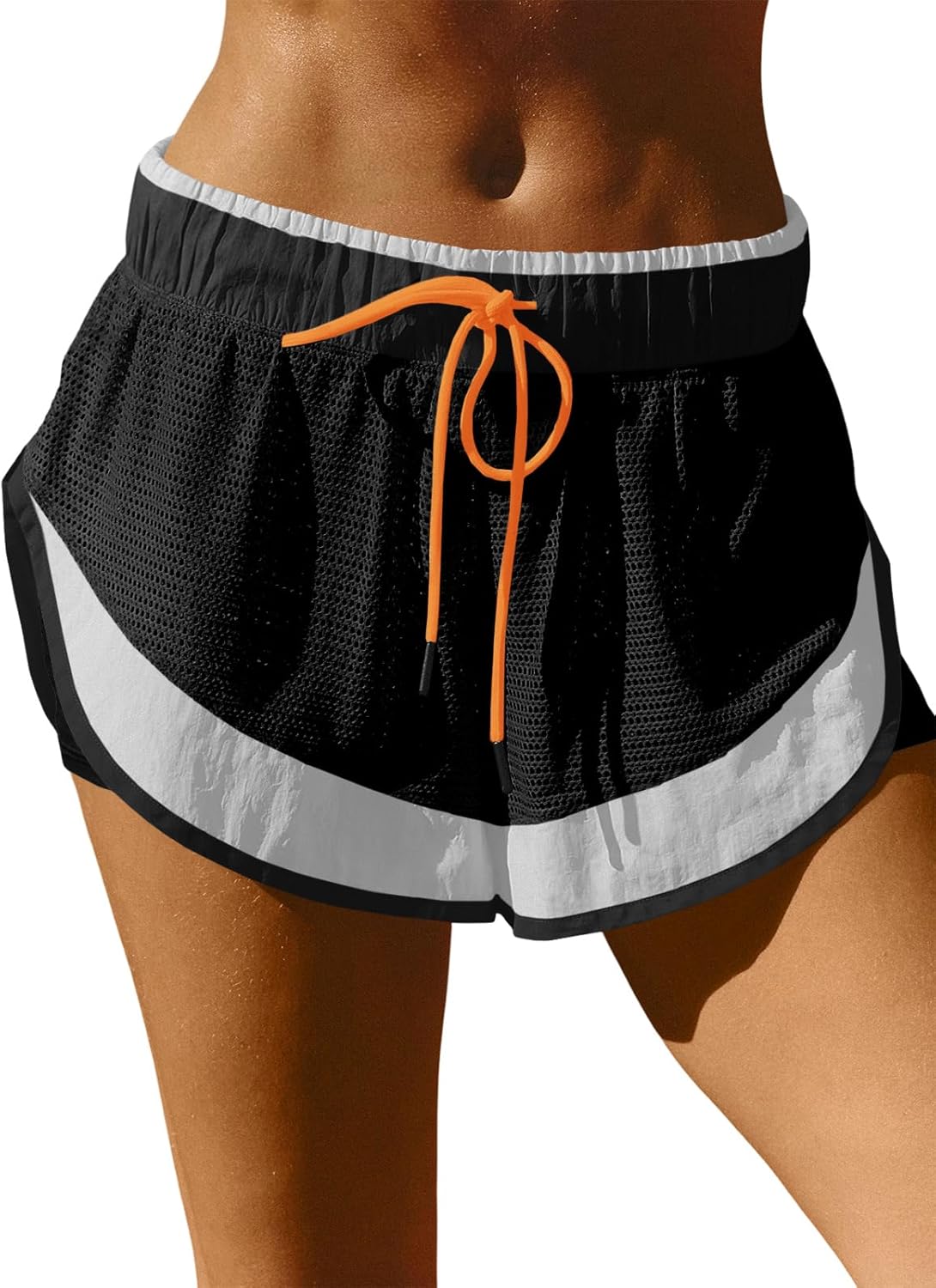 Fisoew Women Athletic Shorts 2 in 1 Running High Split Color Block Workout Yoga Mesh Shorts Pocket Drawstring