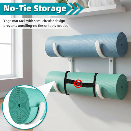 Yoga Mat Holder Wall Mount, No-Tie Pilates Mat Storage Rack with Top Floating Shelf, 4-Tiers Holding Yoga Blocks/Rollers and Exercise Mat, Workout Mat, Home Gym Equipment Accessories
