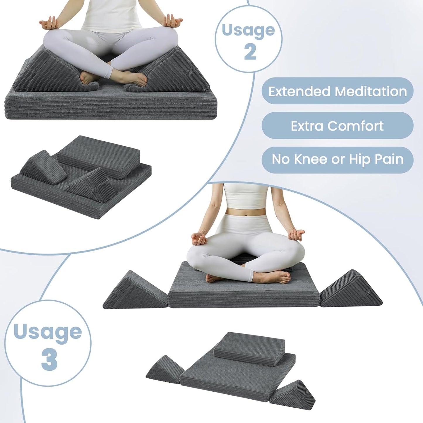 Meditation Cushion Set, Meditation Pillow for Sitting on Floor, Large Yoga Pillow with Knee Support, Washable Zafu Meditation Mat, 3 Shapes Floor Pillow for Adults, Dark Grey