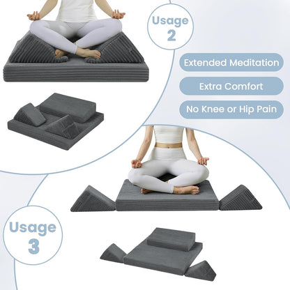 Meditation Cushion Set, Meditation Pillow for Sitting on Floor, Large Yoga Pillow with Knee Support, Washable Zafu Meditation Mat, 3 Shapes Floor Pillow for Adults, Dark Grey