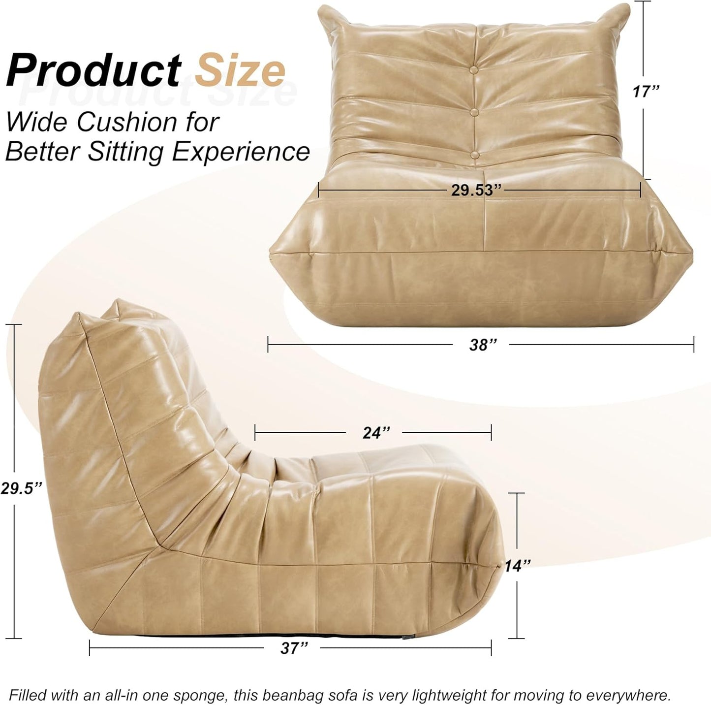 Hobestluk Giant Bean Bag Chair Lazy Floor Sofa, Memory Foam Fireside Sofa for Adults, Big Beanbag Faux Leather Armless Chair for Living Room Bedroom Dorm Office (Brown, Single)