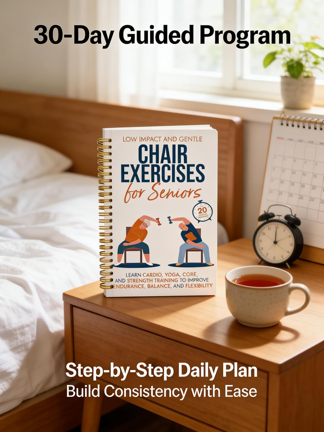 Chair Yoga for Seniors Over 60 Book, 2-Person Cover Design with Exercise Chart, Gentle Poses for Weight Loss and Mobility, Senior Workout Guide for Home