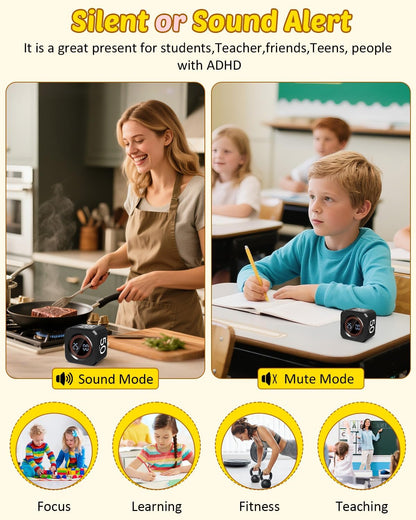 Digital Pomodoro Timer Cube 5/10/25/50min, Visual Productivity Flip Timer for Kids Classroom Desk, Custom Countdown, Silent and Sound Mode for ADHD Study Work Game Kitchen (Black)
