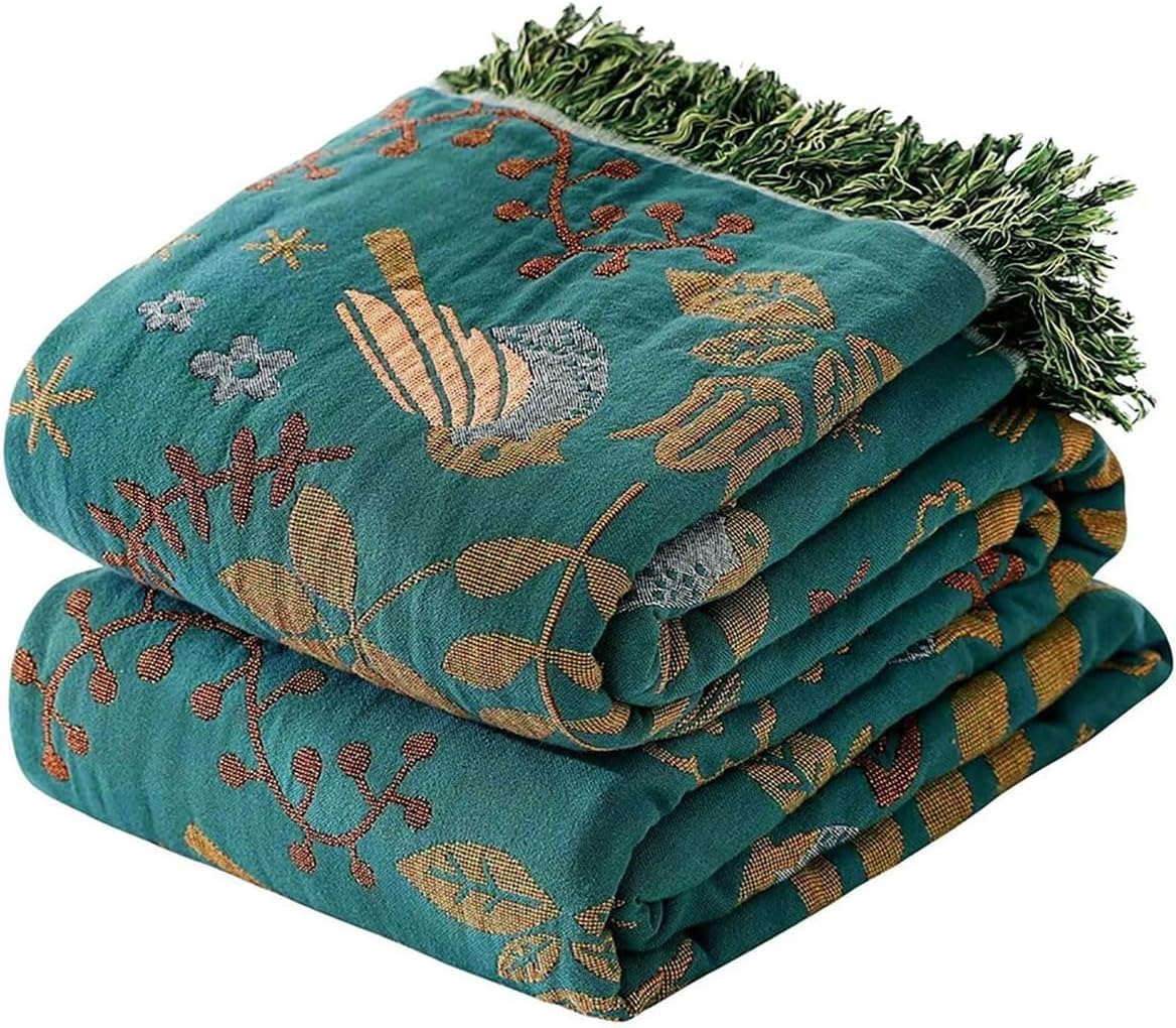 Boho Throw Blanket - 100% Cotton Soft Summer Throw Blanket for Bed, 50"x60" Reversible Breathable Lightweight Blankets, All Seasons Farmhouse Decor Floral Plant Butterfly Throw Quilt