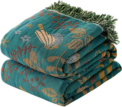 Boho Throw Blanket - 100% Cotton Soft Summer Throw Blanket for Bed, 50"x60" Reversible Breathable Lightweight Blankets, All Seasons Farmhouse Decor Floral Plant Butterfly Throw Quilt