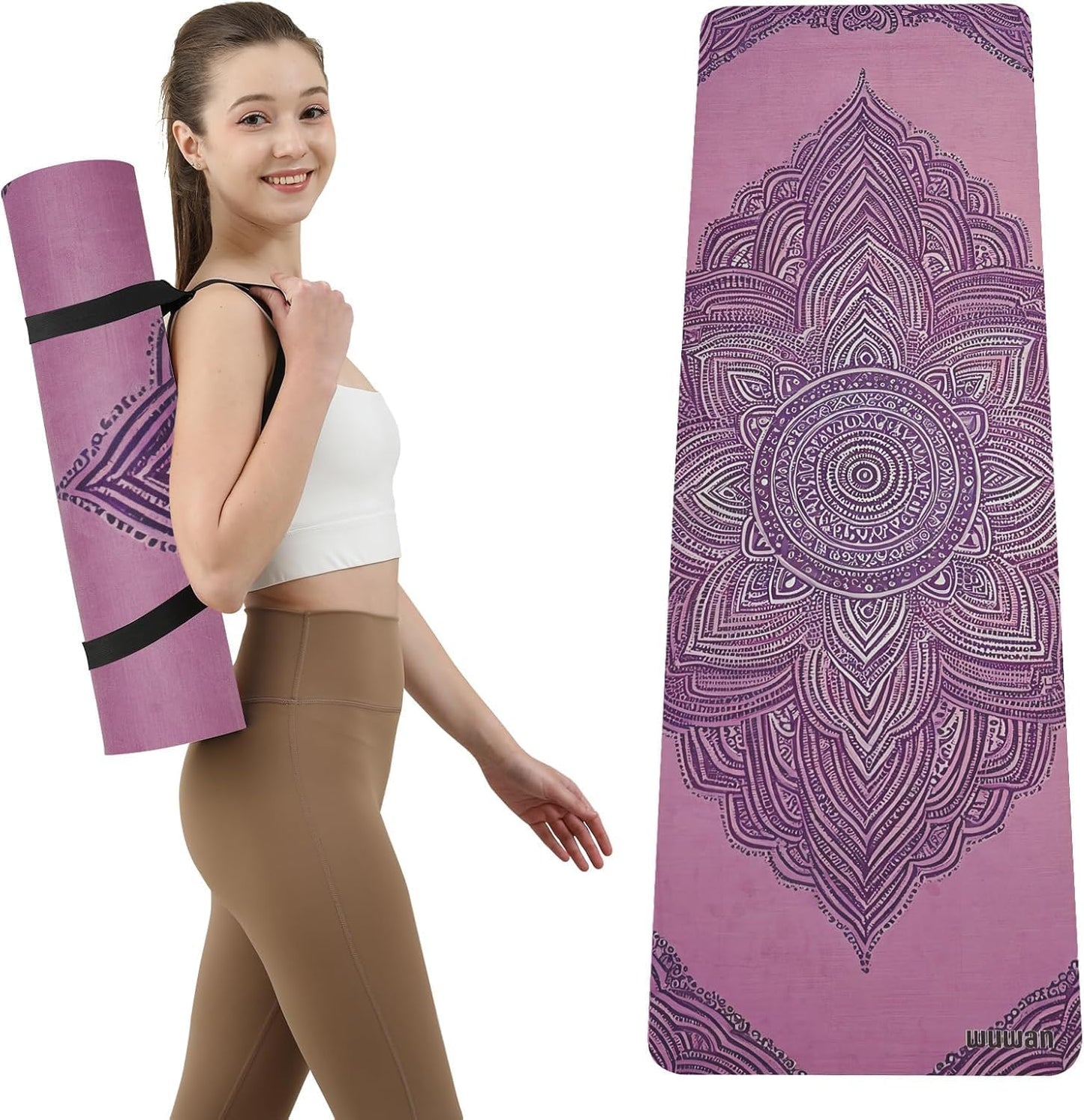 Printed Yoga Mat 72" x 24" Thick 6mm Non-Slip Fitness Exercise Exercise Mat with Strap for Women Men Yoga Pilates Workout Gym Floor Workout (Blue Lotus Flower)