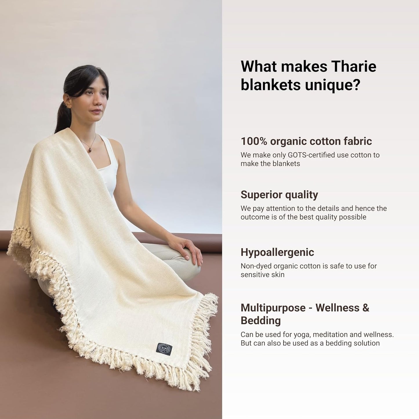 Tharie Handwoven GOTS-Certified Organic Cotton Blanket, Lightweight & Breathable, 142 x 200 cm