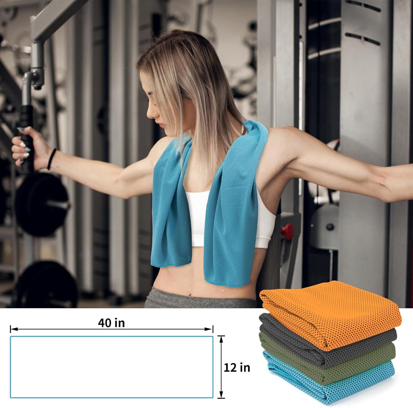 YESLIFE 4 Pack Cooling Towels 40"x12", Gym Towels for Men and Women, Soft Breathable Workout Towels for Yoga, Running, Sport, Workout, Camping, Fitness & More (Blue, Grey, Green, Pink)