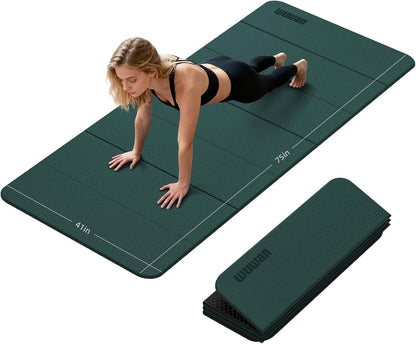 Foldable Yoga Mat Thick 10mm-WUWAN Extra Large Exercise Mat, TPE Material, Non-Slip Fitness Folding Mat Easy to Carry, Suitable for Home Workout Travel Pilates (75" x40",2/5") (Blue)
