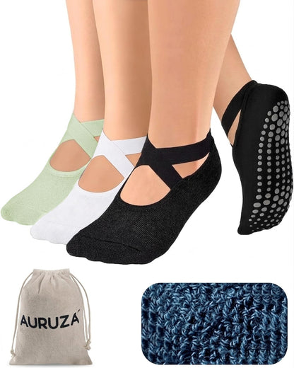 AURUZA Pilates Grip Socks for Women Non Slip Skid Yoga Socks with Grips Straps for Ballet Dance Workout Gripper Sock