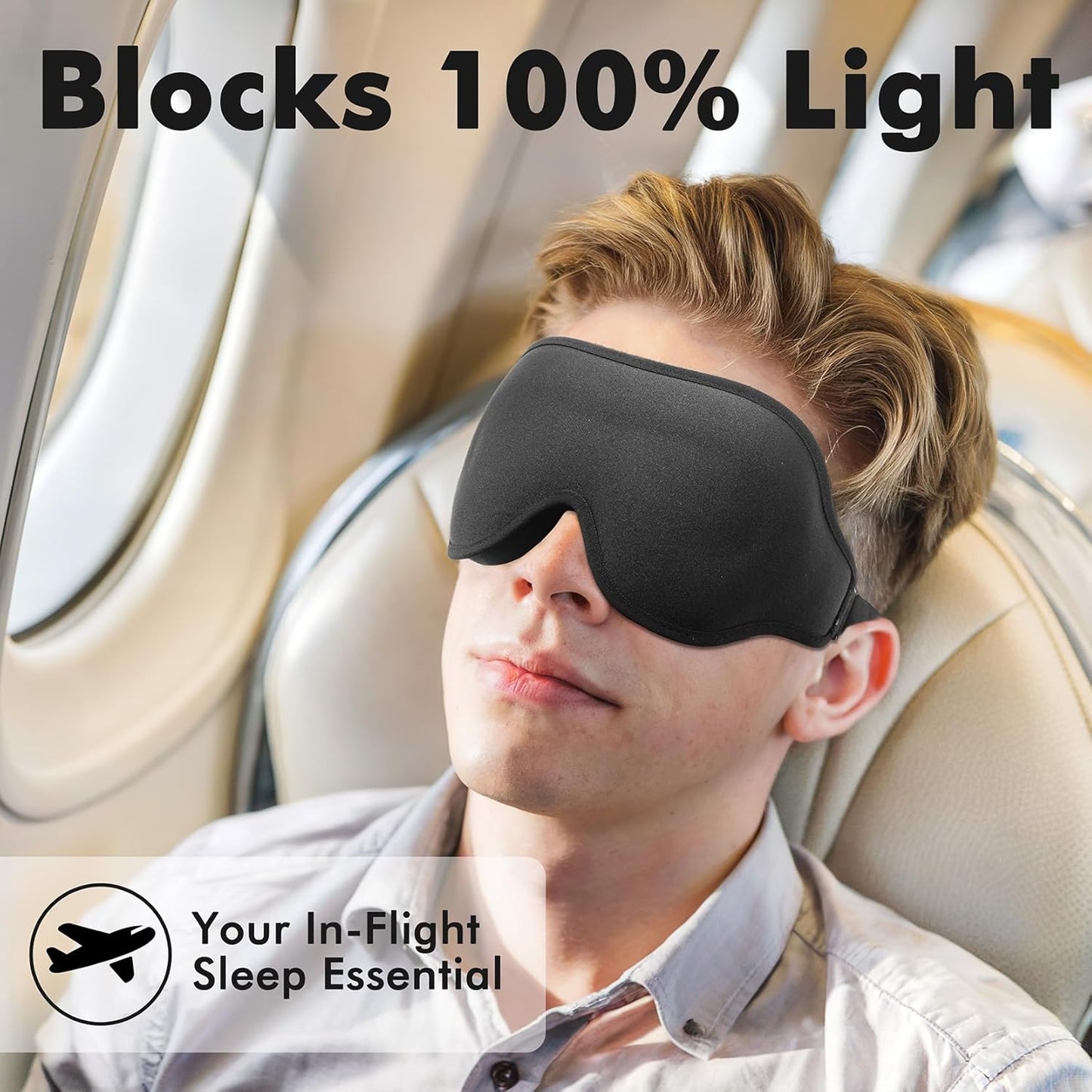 Sleep Eye Mask for Men Women, Sleeping Mask for Side Sleeper, Travel Blackout Night Blindfold Eye Shade Cover with Adjustable Strap (Black)