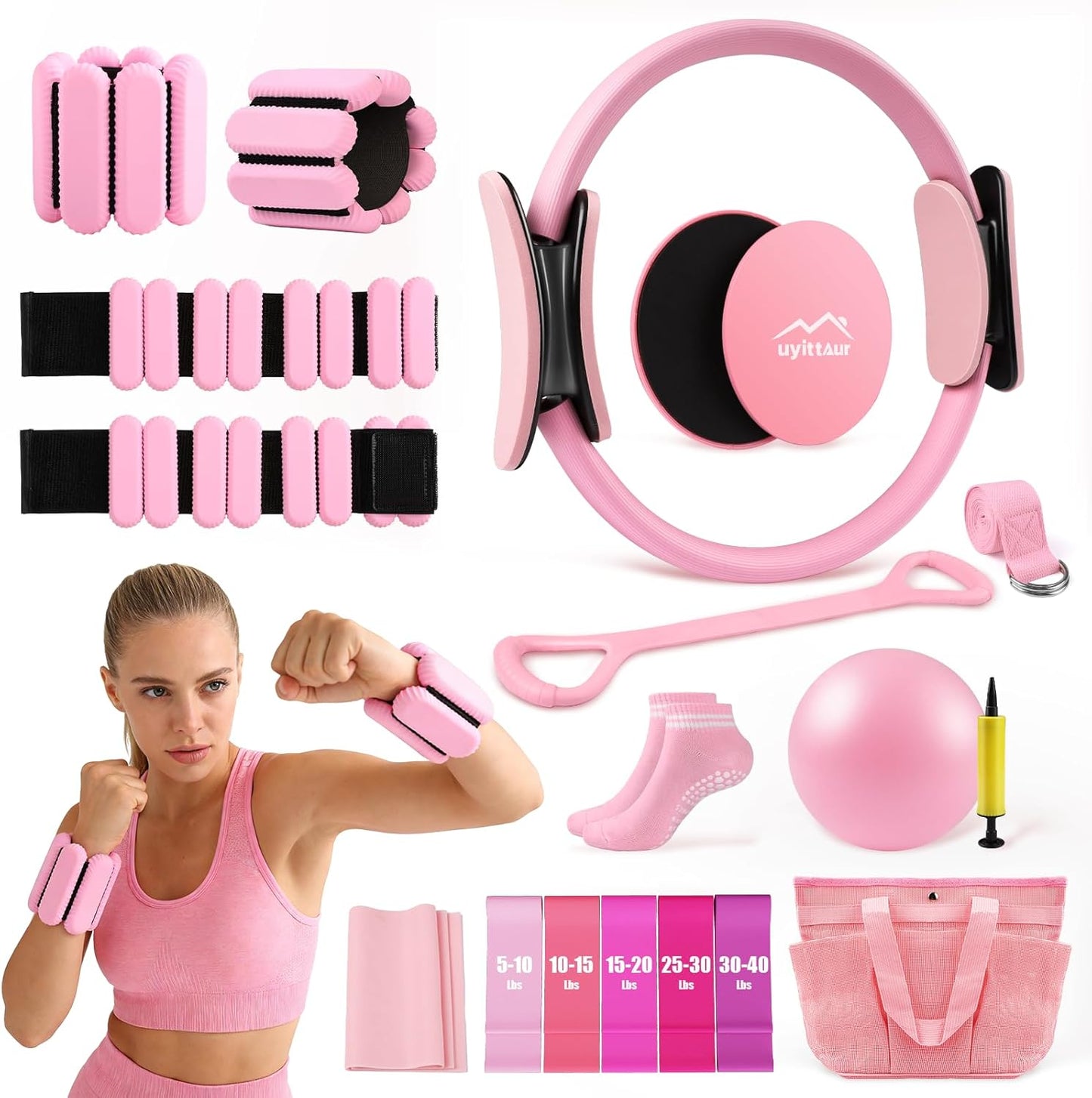 Uyittour 16PCS Pilates Kit, Home Pilates Workout Kit with Ankle Weights, Pilates Ring and Ball Set for Women, Pilates Equipment with Resistance Bands, Core Sliders & Socks for Starter Home Workouts