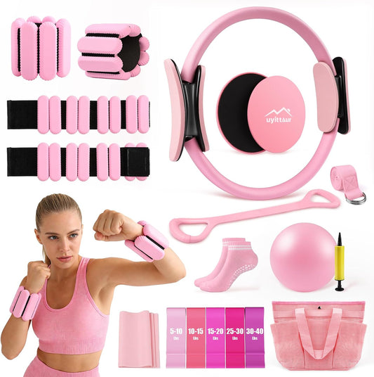 Uyittour 16PCS Pilates Kit, Home Pilates Workout Kit with Ankle Weights, Pilates Ring and Ball Set for Women, Pilates Equipment with Resistance Bands, Core Sliders & Socks for Starter Home Workouts