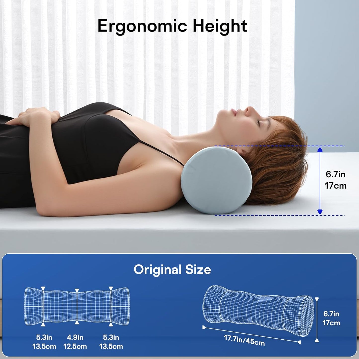 Neck Roll Pillow - Memory Foam Round Neck Pillow for Sleeping - Cooling Cover Cervical Roll Pillow - Ergonomic Bolster Pillow for Neck, Leg, Back, Yoga, Relaxing (Grey Blue)