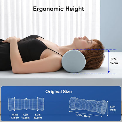 Neck Roll Pillow - Memory Foam Round Neck Pillow for Sleeping - Cooling Cover Cervical Roll Pillow - Ergonomic Bolster Pillow for Neck, Leg, Back, Yoga, Relaxing (Grey Blue)