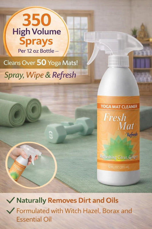 Fresh Mat Yoga Mat Cleaner Spray - Natural Deodorizing Cleaner for Yoga Mats & Fitness Equipment - No-Rinse, Residue-Free Formula with Witch Hazel & Essential Oil, Refreshing Citrus Ginger (24 fl oz).