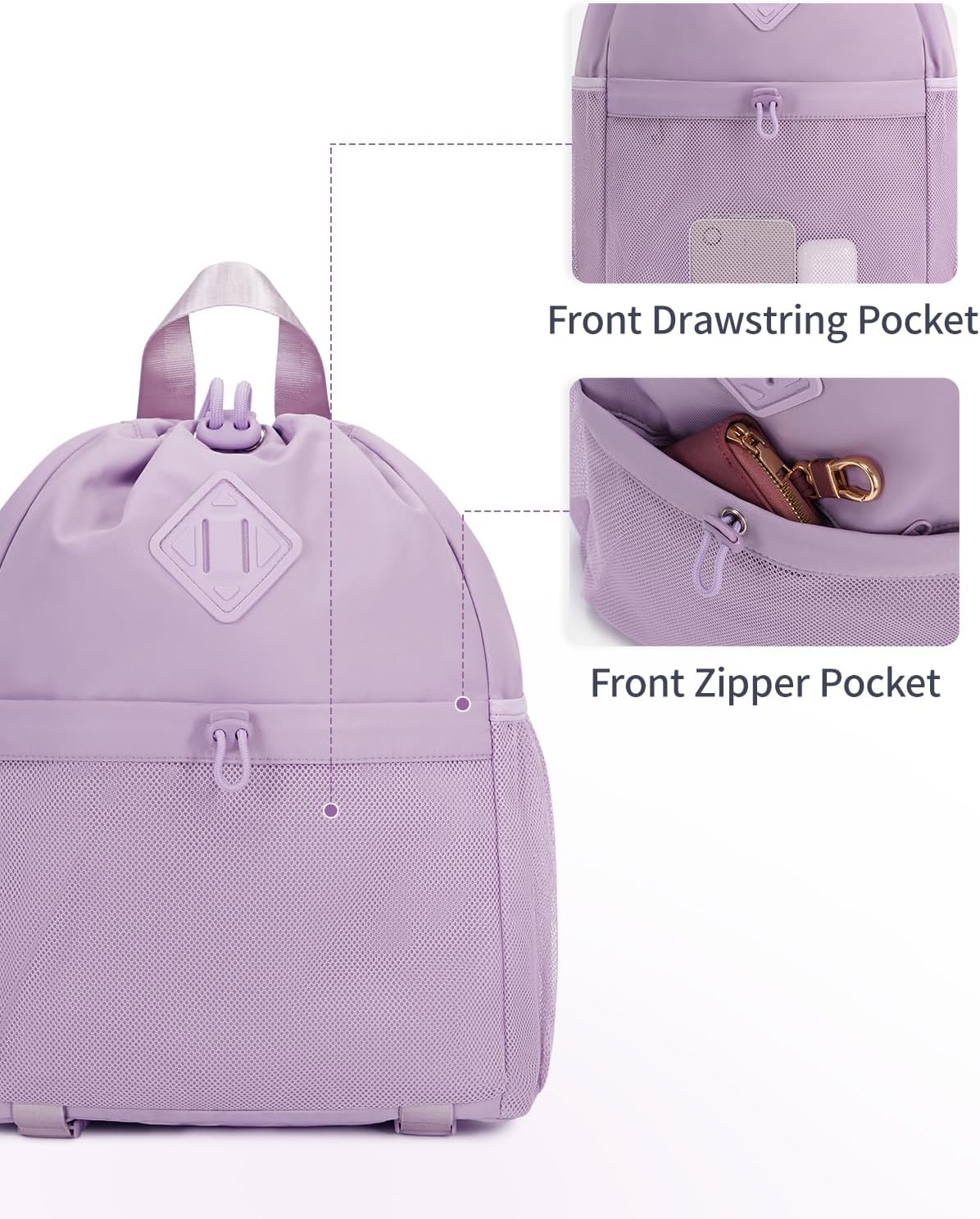 WANDF Drawstring Backpack for Women, Lightweight Gym Bag with Yoga Mat Strap, Water-Resistant String Backpack with Mesh Pocket (Grey, Patent Pending)