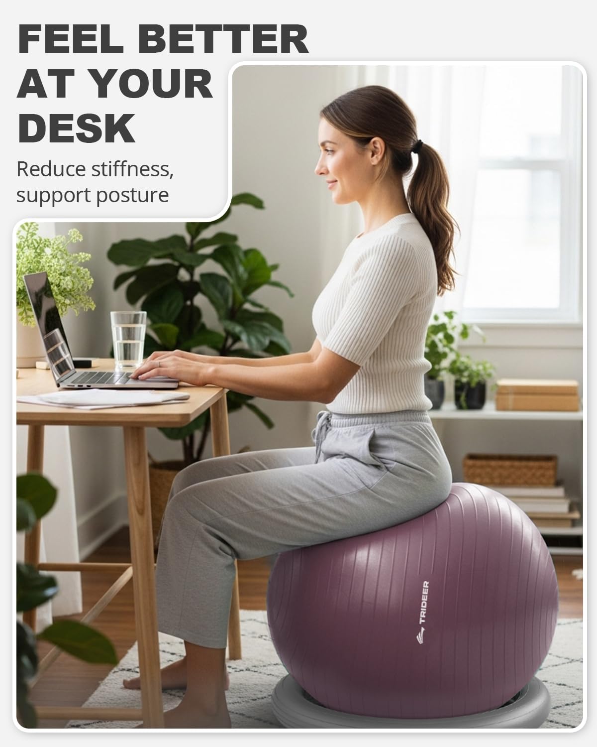 Trideer Exercise Ball for Office Desk, Yoga Ball Chair to Relieve Back Pain, Stability & Fitness Ball Seat with Base, Home Gym Core Workout, Abs, Stretching & Therapy
