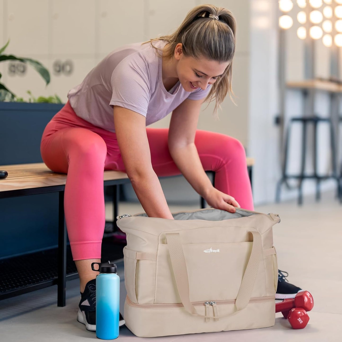ETRONIK Gym Bag for Women, Personal Item Travel Bag with Shoes Compartment, Weekender Overnight Duffel Bag with Wet Pocket, Carry On Bag for Women, Travel, Gym, Weekend (Beige)