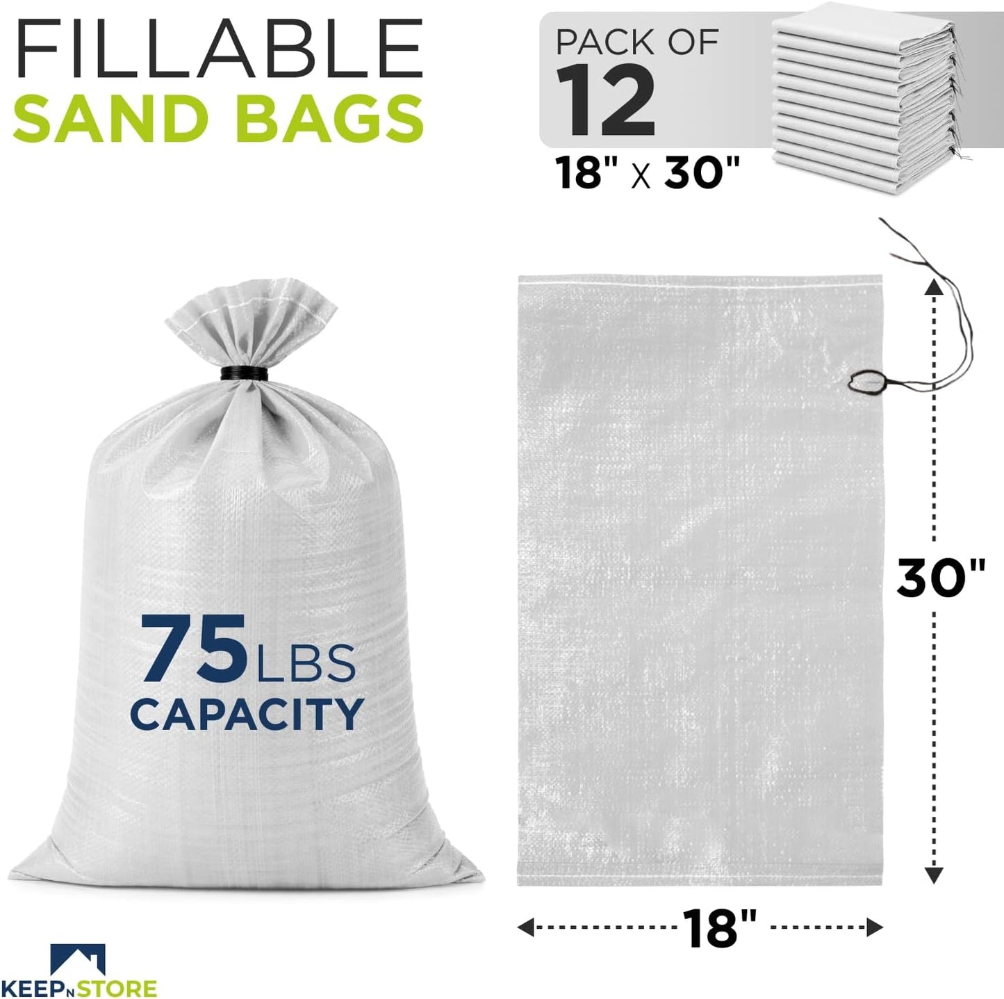 Heavy Duty Sand Bags Pack of 3, White Empty Sandbags with Built-In Ties, Woven Polypropylene UV Protection 1600 Hours, Fillable Sand Bags for Flood Control, Weight, 10x14 inches, 15 Pounds Volume