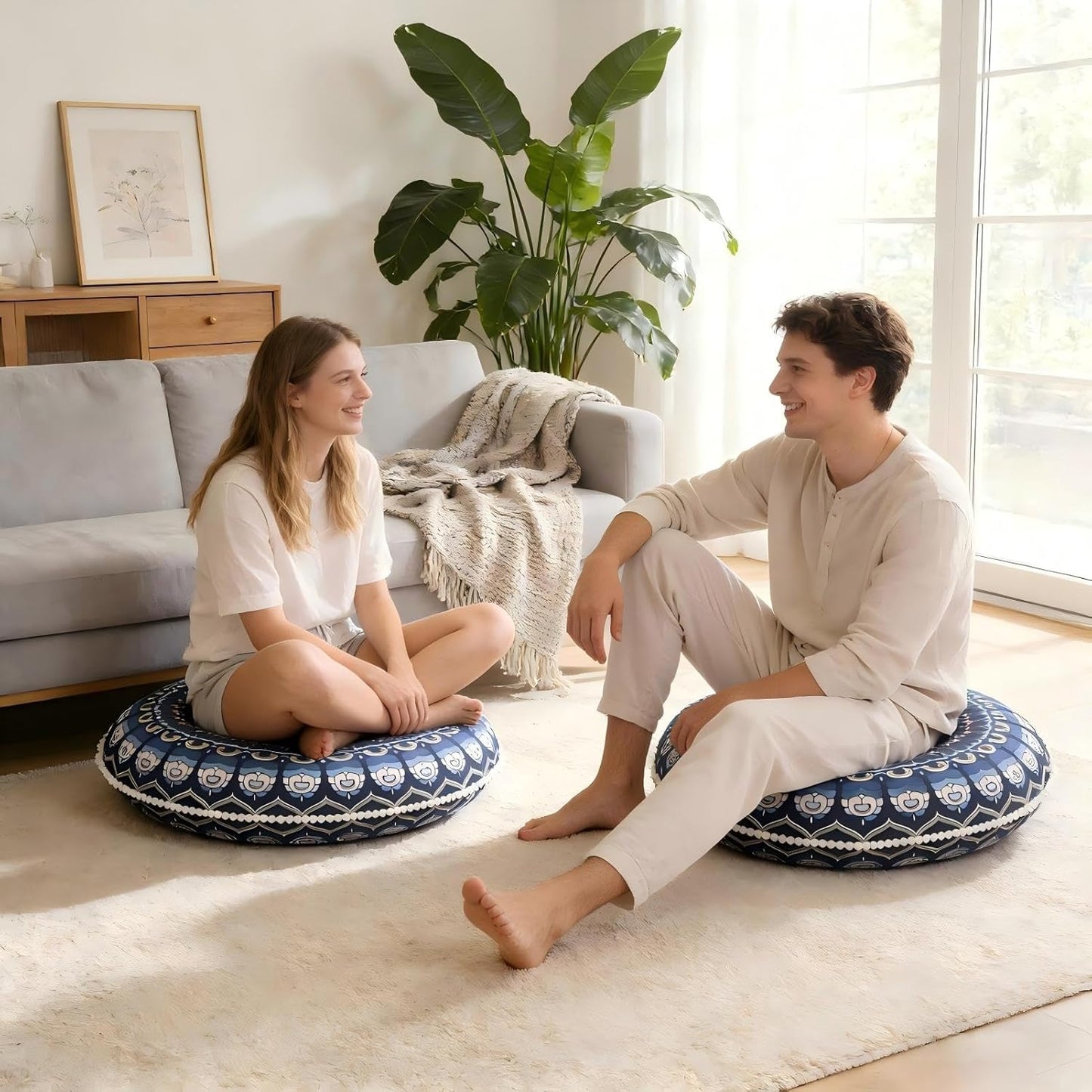 LOVMOC 32 Inch Round Floor Pillow for Adults, Large Thick Memory Foam Boho Mandala Meditation Floor Seating Cushion, Machine Washable for Living Room Outdoor Yoga Floor Sitting, Navy Blue