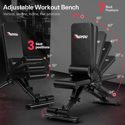 PASYOU Adjustable Weight Bench for Home Gym, Foldable Workout Benches with 660LBS, Exercise Bench for Incline Decline Flat Bench Press, Foldable Strength Bench for Daily Training