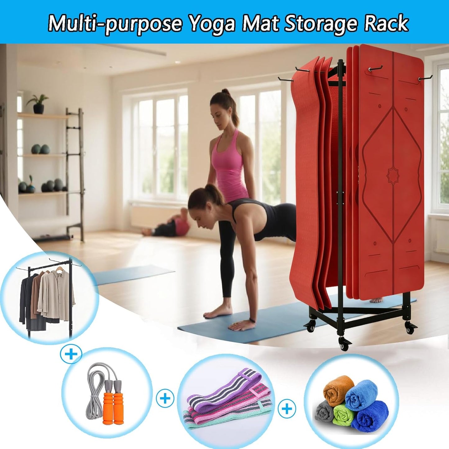 Yoga Mat Holder Hanging, Floor Rolling Yoga Mat cart, Large Capacity Storage Rack, with Includes hole punch, Metal square tube storage shelf for Home Gym, Fitness Club,Yoga Studio (Black)