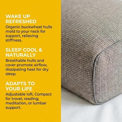 Adjustable Buckwheat Hull Pillow for Neck Pain Relief (21x8x4in) Natural Cooling Cervical Support Organic Pillow for Side & Back Sleepers with Night Sweats (Grey)