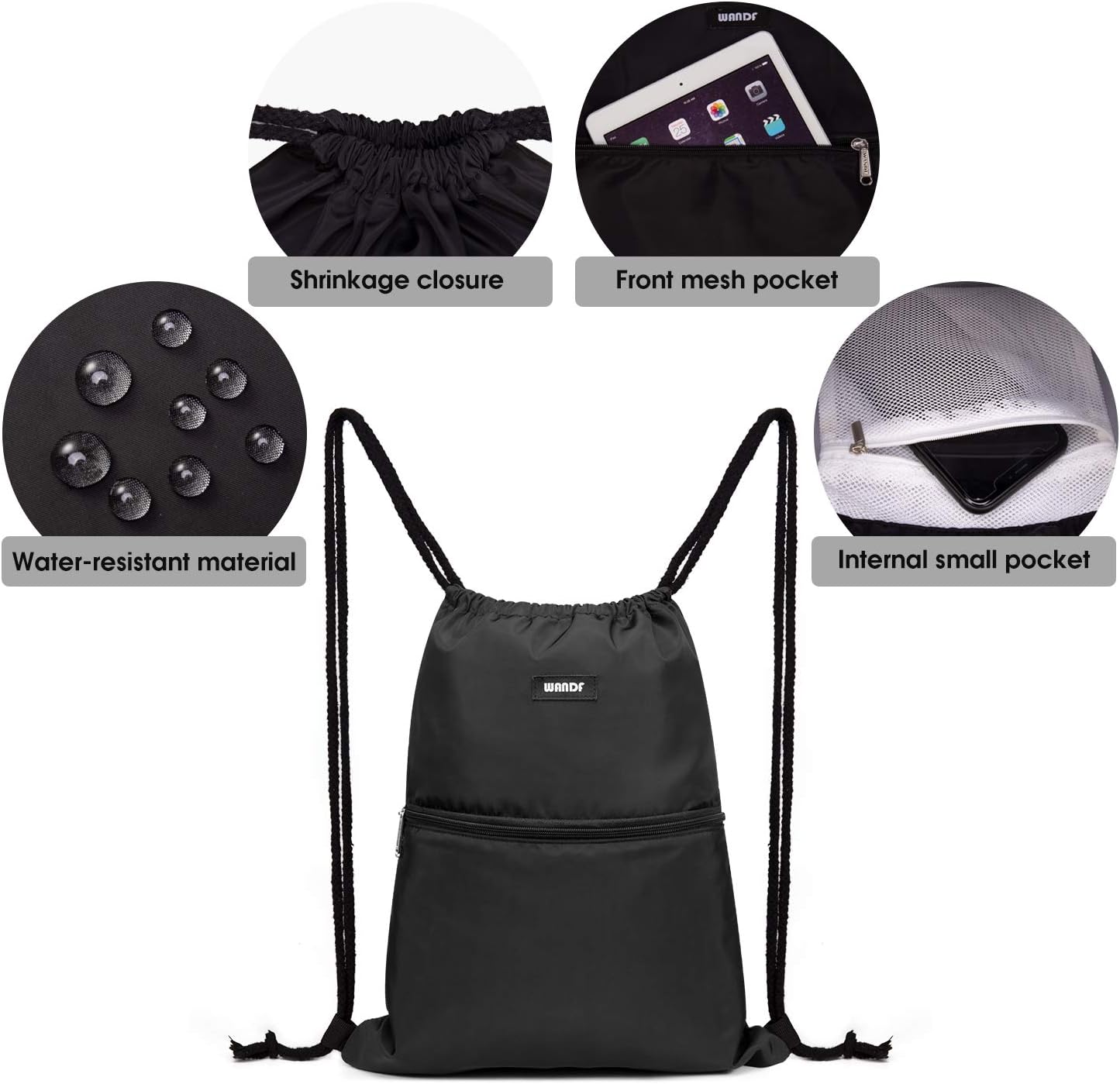 WANDF Drawstring Backpack String Bag Sackpack Cinch Water Resistant Nylon for Gym Shopping Sport Yoga (Black)