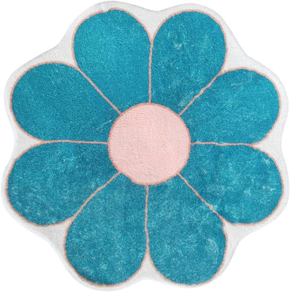 White Flower Shaped Rug, Cute Round Indoor Rug, 39.4" Diameter, High Pile Faux Wool, Non-Slip Backing