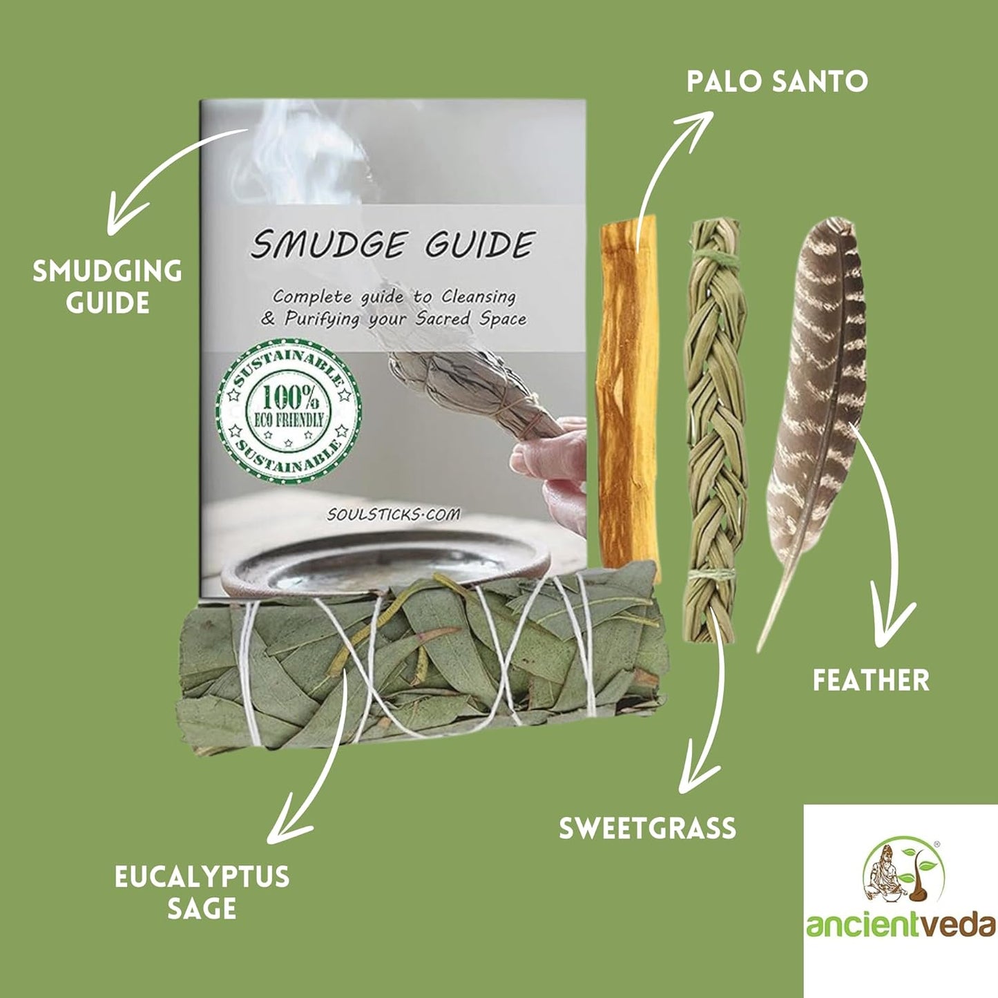 Ancient VEDA Organic Smudge Kit – Yerba Santa, Palo Santo, Sweetgrass Braid, Feather & Smudge Guide | Home Cleansing Kit for Meditation, Yoga, Energy Healing & Gift (Starter Kit, Yerba Santa Sage)