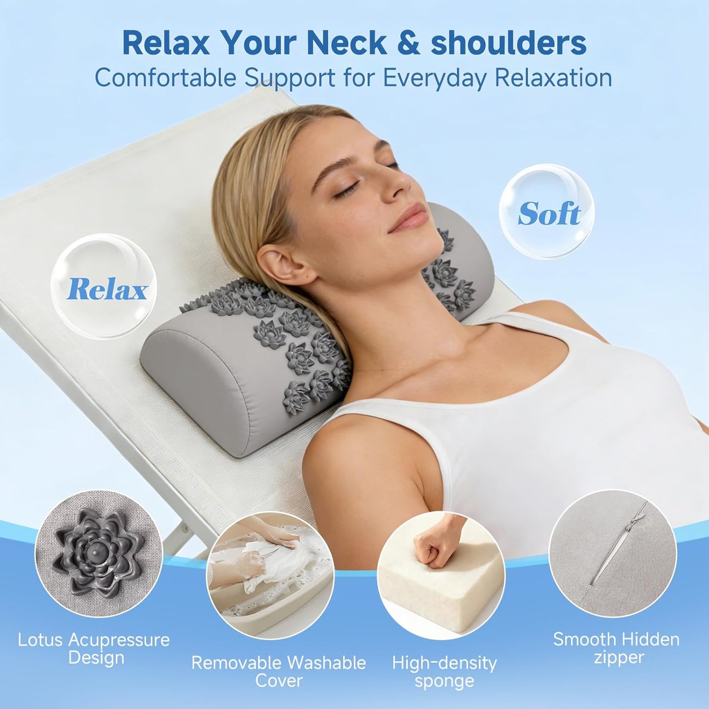Acupressure Neck Pillow, Ergonomic Neck Support Pillow with Raised Pressure Points, Neck Rest Pillow for Home, Office, Travel, Reading, Relaxation Gift for Women & Men, Light Gray