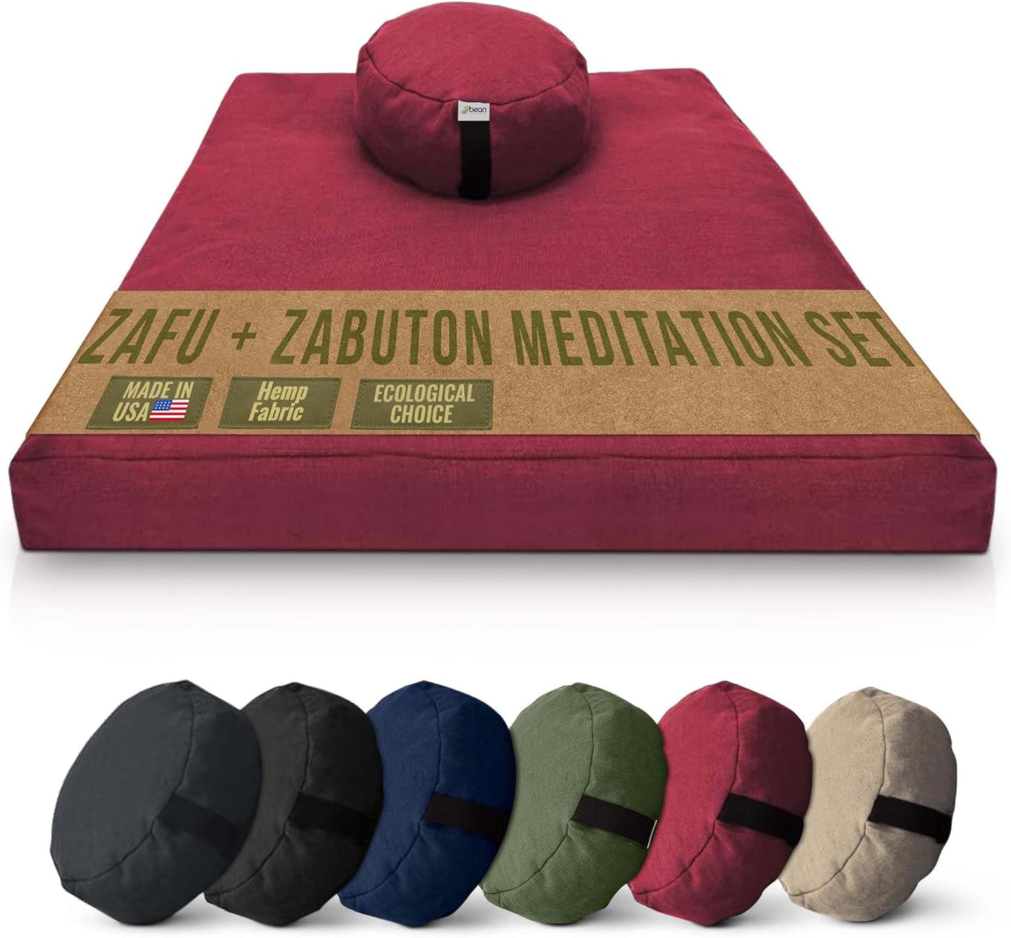 Meditation Cushion Mat Set HEMP - Large Oval Zafu Floor Pillow Organic Buckwheat Pillow + Cotton Filled HEMP Zabuton Prayer Pad - Meditation Pillow Yoga Knee Pad Made in USA - 18" Oval, NATURAL Hemp