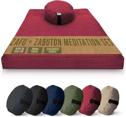 Meditation Cushion Mat Set HEMP - Large Oval Zafu Floor Pillow Organic Buckwheat Pillow + Cotton Filled HEMP Zabuton Prayer Pad - Meditation Pillow Yoga Knee Pad Made in USA - 18" Oval, NATURAL Hemp
