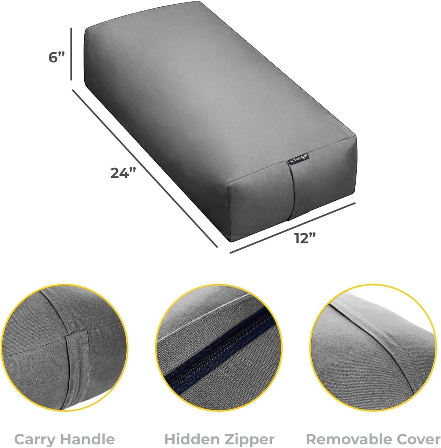 Extra Firm Large Yoga Bolster, 24" x 12" x 6" Cinched OR Zippered Yoga Pillow, Rectangular Cotton Cushion With Removable Cover for Studios, 1 Pack or 2 Pack