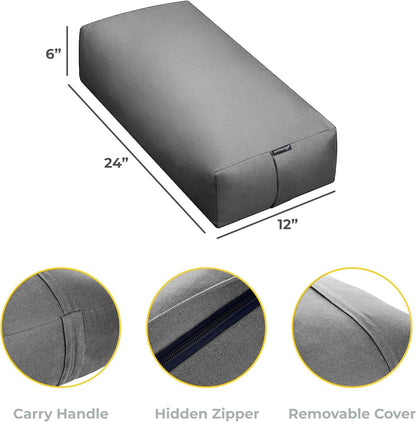 Extra Firm Large Yoga Bolster, 24" x 12" x 6" Cinched OR Zippered Yoga Pillow, Rectangular Cotton Cushion With Removable Cover for Studios, 1 Pack or 2 Pack