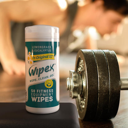 Wipex Fitness Equipment Wipes - EWG Verified - 50 Ct Original Natural Plant Based Gym Wipes for Equipment, Clean Surfaces at Home or Gym, Use as a Yoga Mat Cleaner, Lemongrass, Eucalyptus & Vinegar