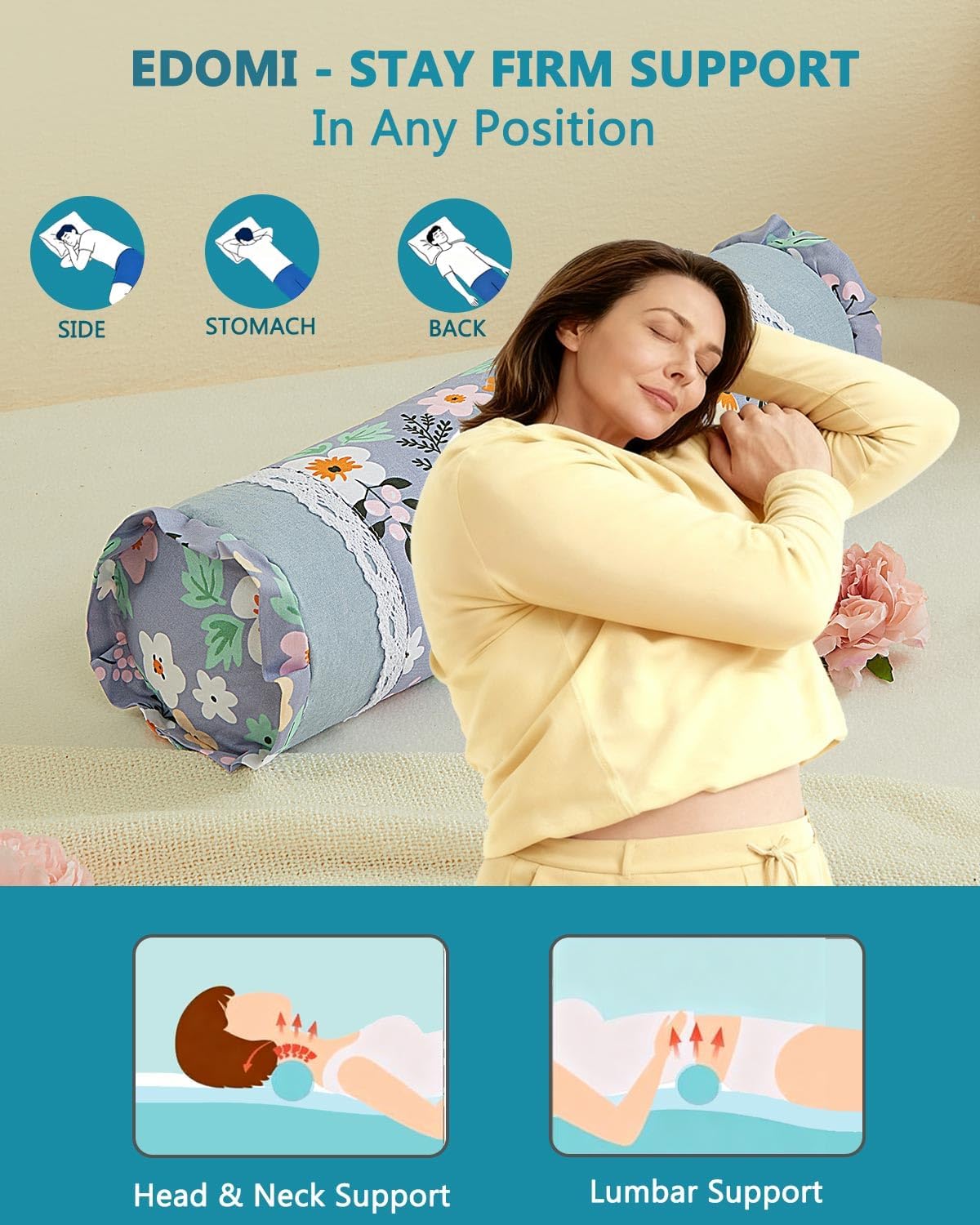 Buckwheat Hull Neck Roll Pillow -15.7" x4.7” Adjustable Firmness Cervical Support for Sleep & Yoga, Cooling Floral Cotton Cover, Ergonomic Bolster Pillow, Blue